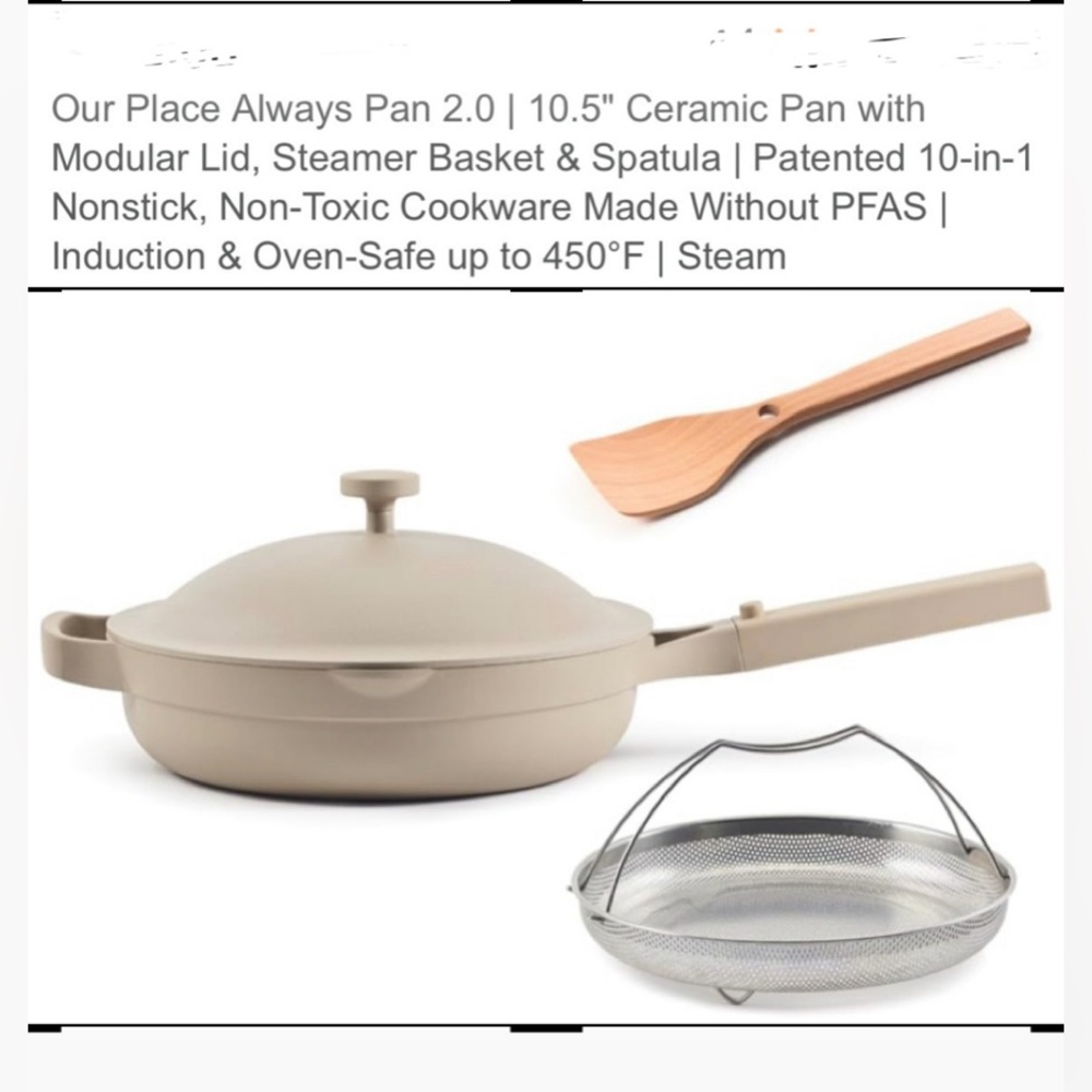 NWOB Our Place Forever Non Stick Pan Strainer Wooden Spoon Beige Pot 10.5 in - Picture 14 of 16